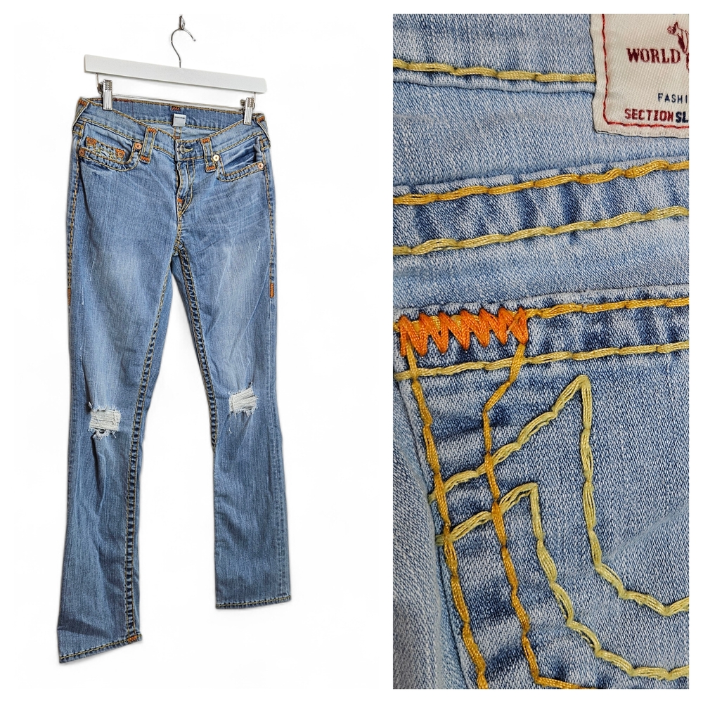 True Religion Y2K Bootcut Jeans Women 28 Light Blue Distressed Super T Flare